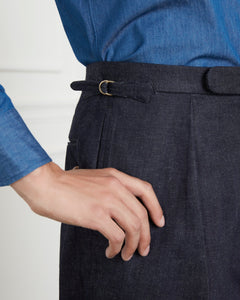 กางเกงสแล็ค Signature Tapered Cotton-Linen Blend Denim Trousers in Dark Indigo